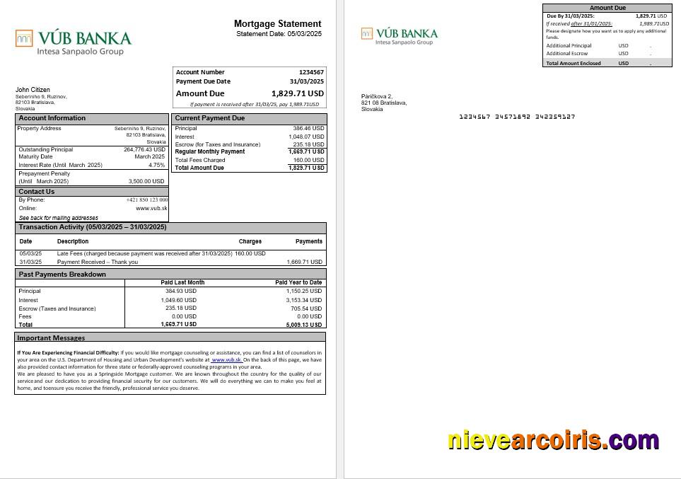 Slovakia VUB bank mortgage statement